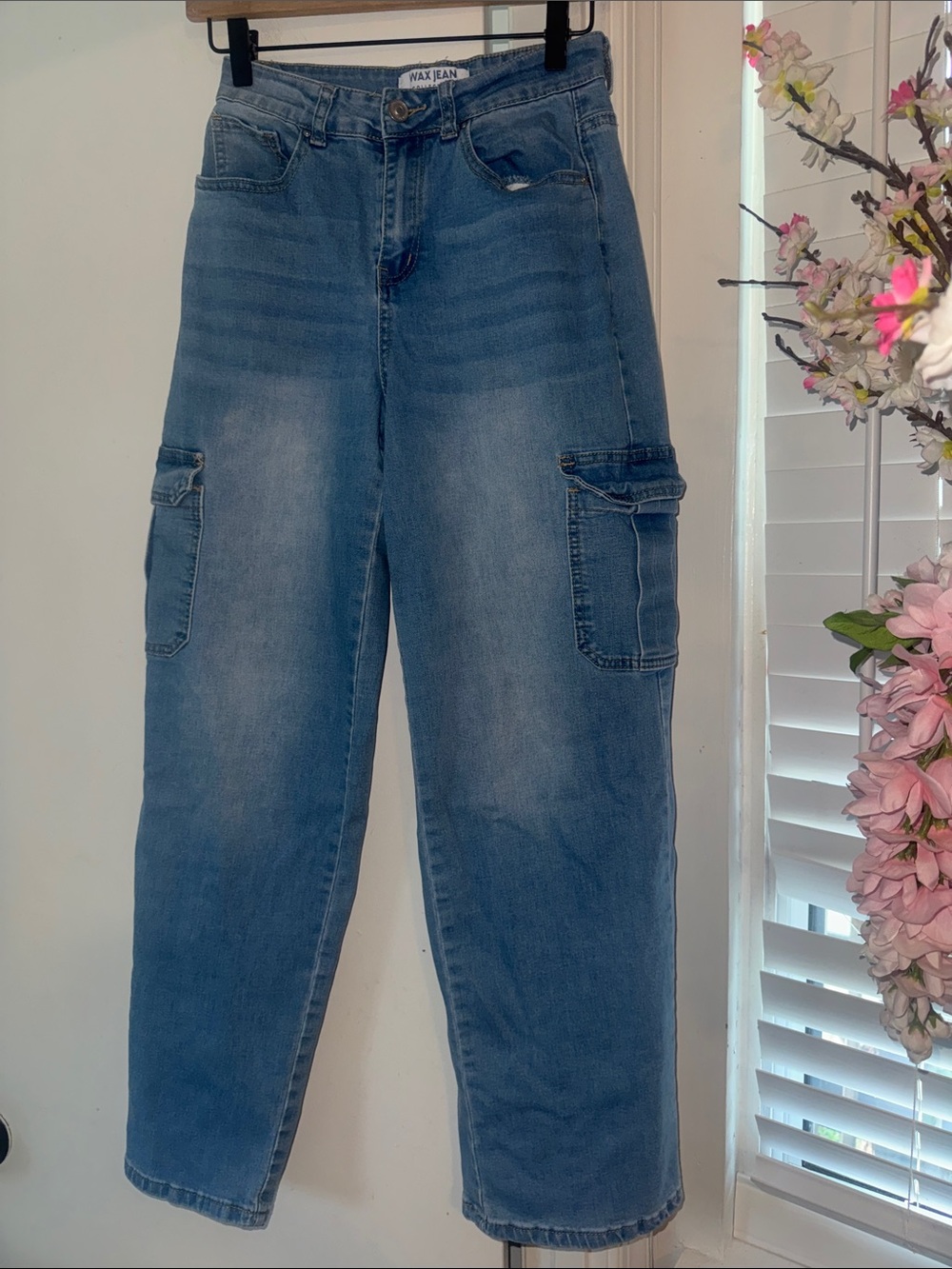 Wax Jean Women's Faded Blue Boyfriend Cargo Jeans